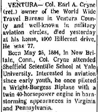 Earl A. Cryne obituary, Oxnard Press December 9, 1961, column 2