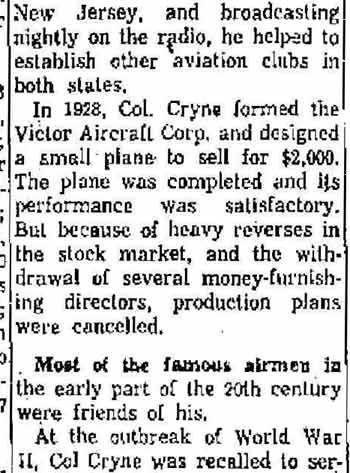 Earl A. Cryne obituary, Oxnard Press December 9, 1961, column 4