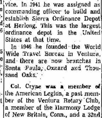 Earl A. Cryne obituary, Oxnard Press December 9, 1961, column 5
