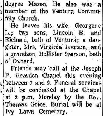 Earl A. Cryne obituary, Oxnard Press December 9, 1961, column 6