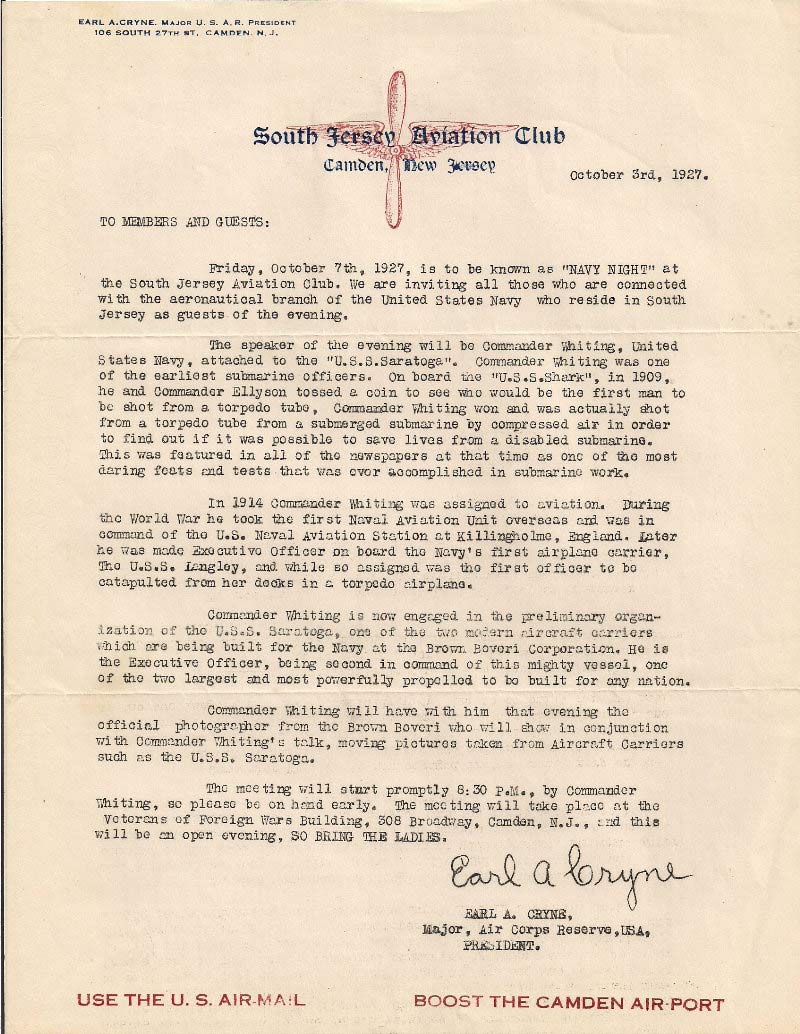 South Jersey Aviation Club Navy Night letter, October 3, 1927