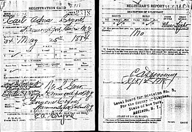Earl A. Cryne World War I Draft Registration Card, September 1918