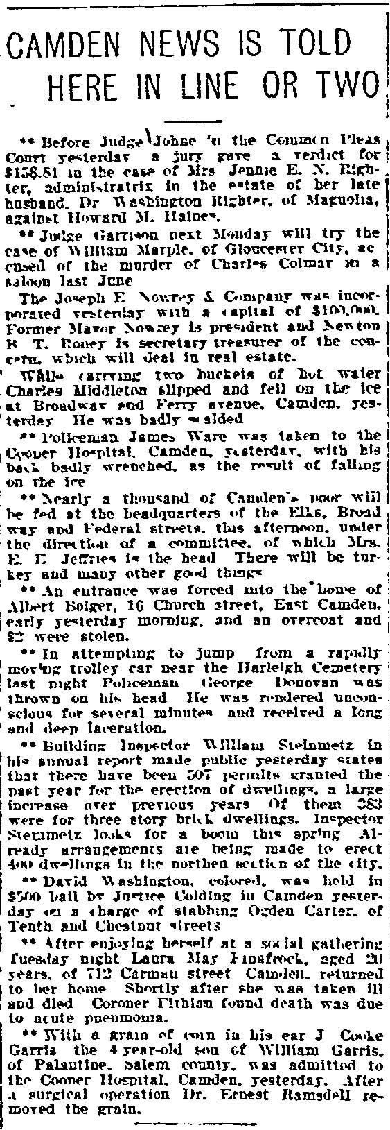 Camden News Is Told Here in Line or Two, Philadelphia Inquirer, January 4, 1906