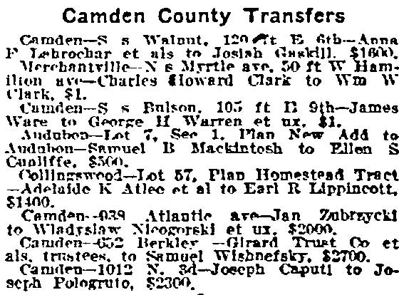 Camden County Transfers, Philadelphia Inquirer, February 17, 1917