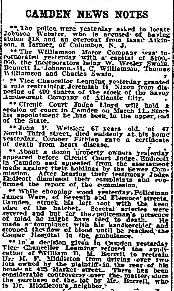 Philadelphia Inquirer, February 19, 1907 — Camden News Notes