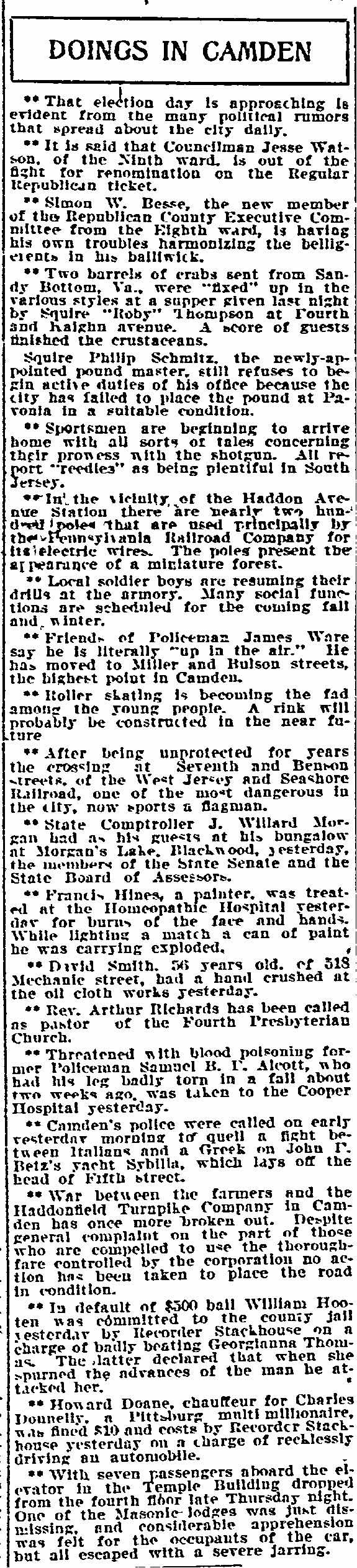 Doings in Camden, Philadelphia Inquirer, September 8, 1906