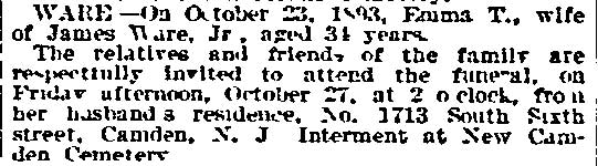 Death notice for Emma T. Ware, Philadelphia Inquirer, October 26, 1893