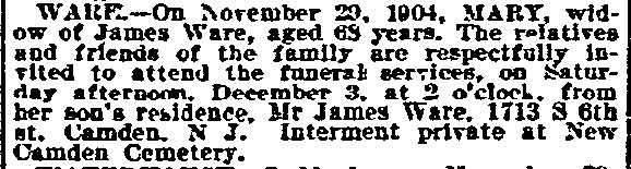 Death notice for Mary Ware, Philadelphia Inquirer, December 1, 1904