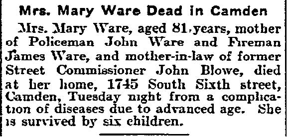 Mrs. Mary Ware Dead in Camden, Philadelphia Inquirer, December 1, 1904
