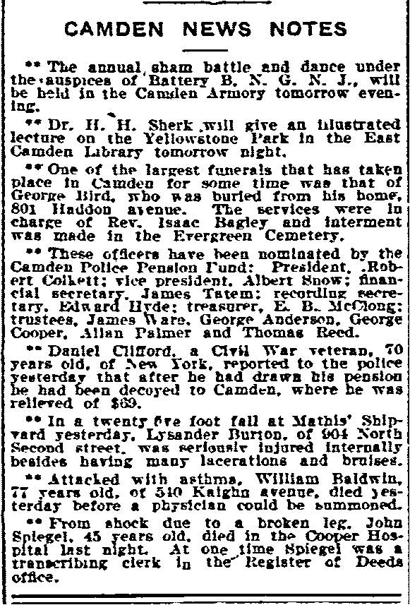Philadelphia Inquirer, December 9, 1908 — Camden News Notes, part 1