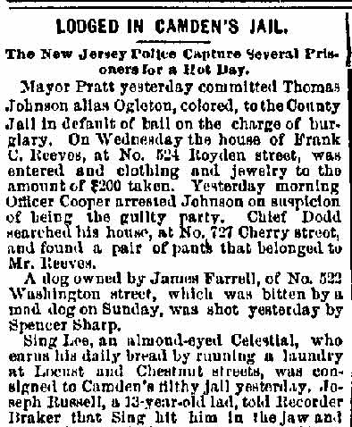 Lodged in Camden's Jail, Philadelphia Inquirer, August 10, 1888, column 1