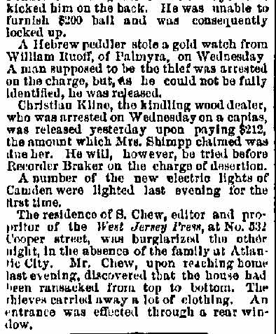 Lodged in Camden's Jail, Philadelphia Inquirer, August 10, 1888, column 2
