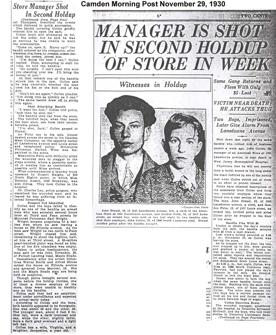 Manager Is Shot In Second Holdup Of Store In Week — Camden Morning Post, November 29, 1930