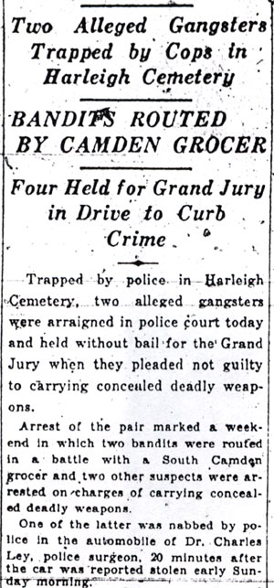 Two Alleged Gangsters Trapped by Cops in Harleigh Cemetery — Camden Courier-Post, December 1, 1930