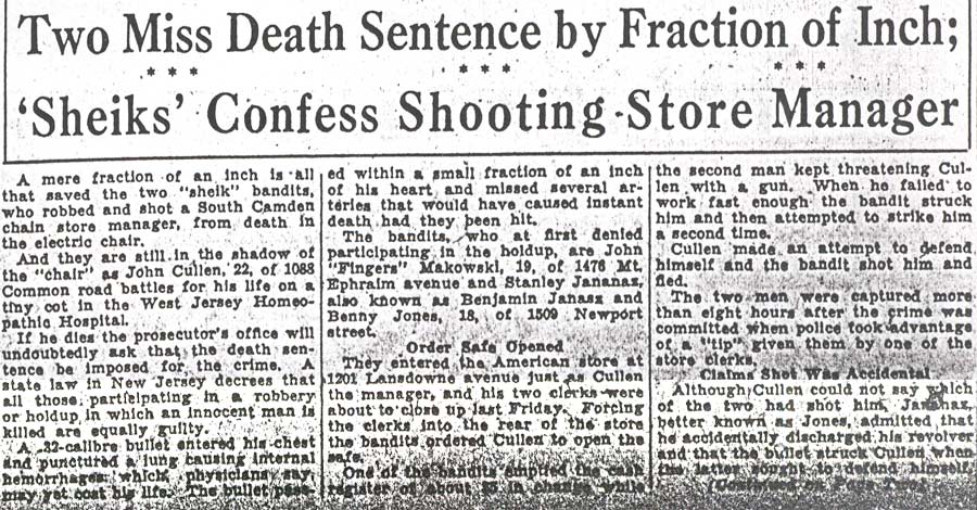 Camden Morning Post, December 1, 1930 — Two Miss Death Sentence by Fraction of Inch