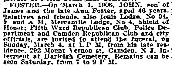 John Foster death notice, Philadelphia Inquirer, March 2, 1906