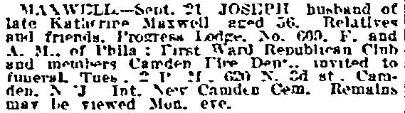 Joseph Maxwell death notice — Philadelphia Inquirer, September 24, 1917
