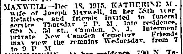 Maxwell death notice — Katherine M. Maxwell, Philadelphia Inquirer, December 21, 1915