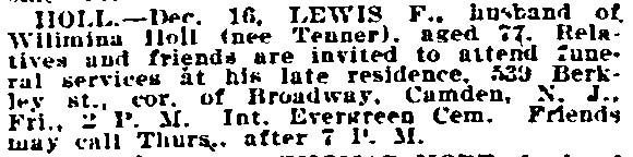 Philadelphia Inquirer December 18 1919, death notice for Lewis F. Holl