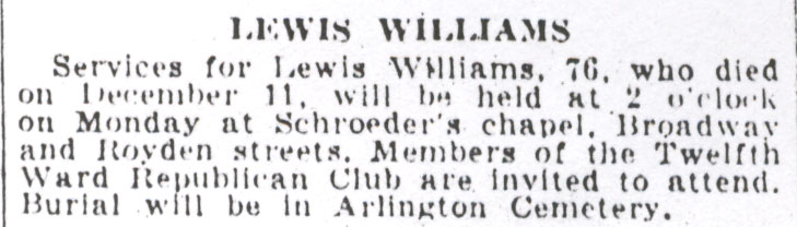 Newspaper obituary for Lewis Williams
