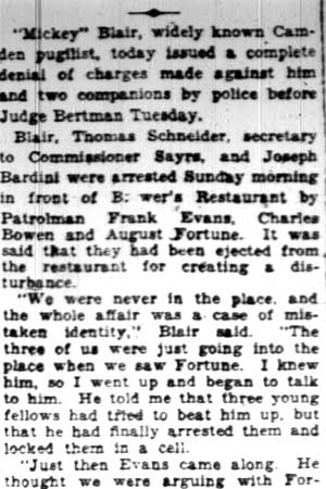 Camden Courier-Post, January 3, 1928 — Mickey Blair Denies Charge of Police