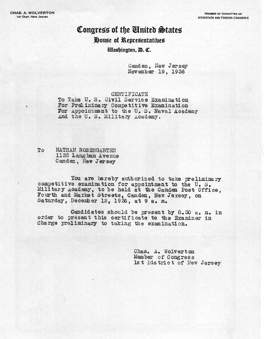 Letter from Congressman Charles A. Wolverton to Nathan Rosengarten, November 19, 1936