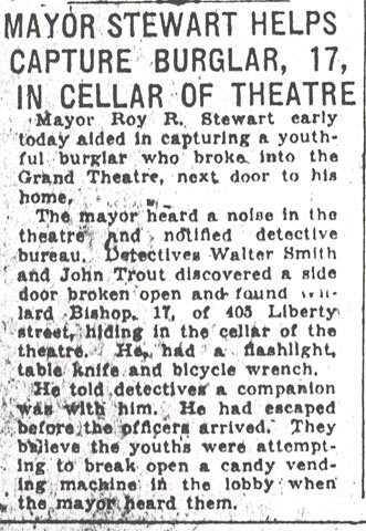 Camden Morning Post article reporting Mayor Roy R. Stewart helped capture a burglar hiding in the cellar of the Grand Theatre, October 13, 1933