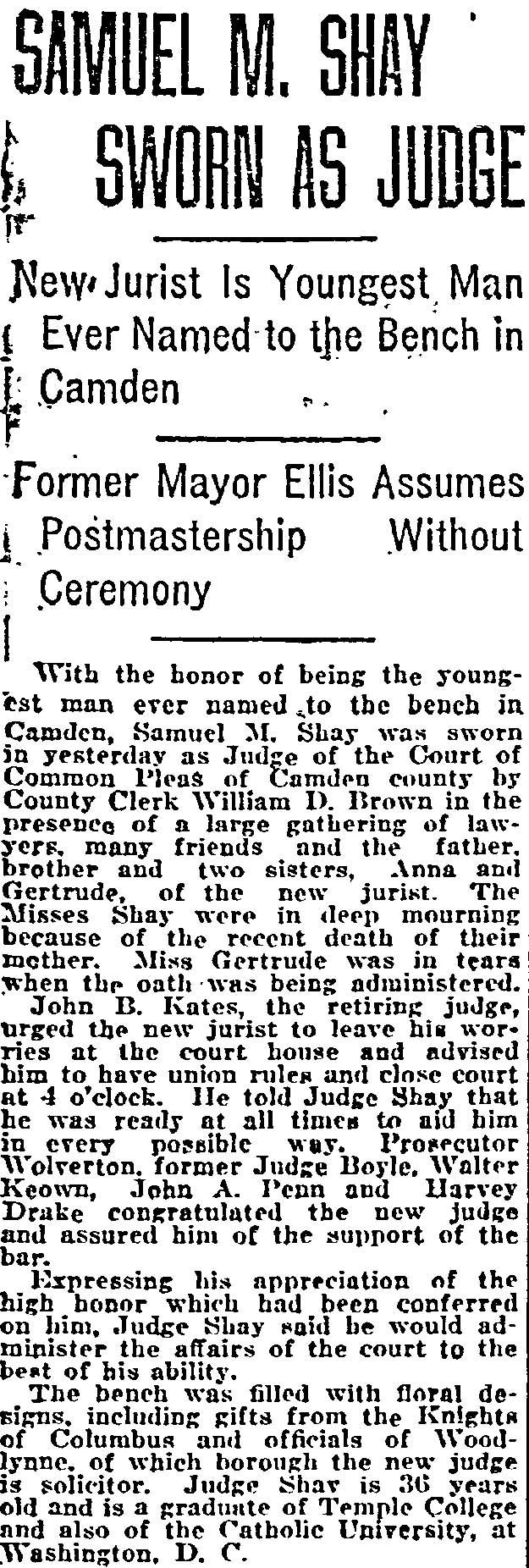 Samuel M. Shay Sworn as Judge — Philadelphia Inquirer, April 2, 1922