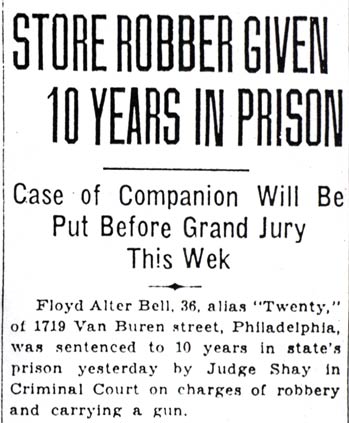 Newspaper clipping: Store Robber Given 10 Years in Prison, 1930, part 1
