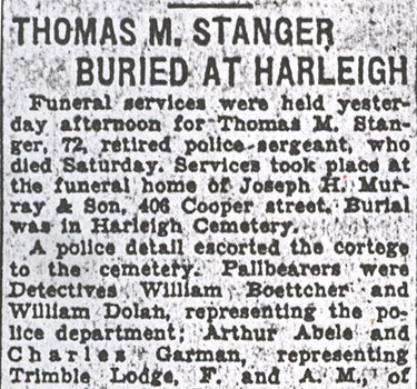 Camden Courier-Post, October 18, 1933 — Thomas M. Stanger Buried at Harleigh