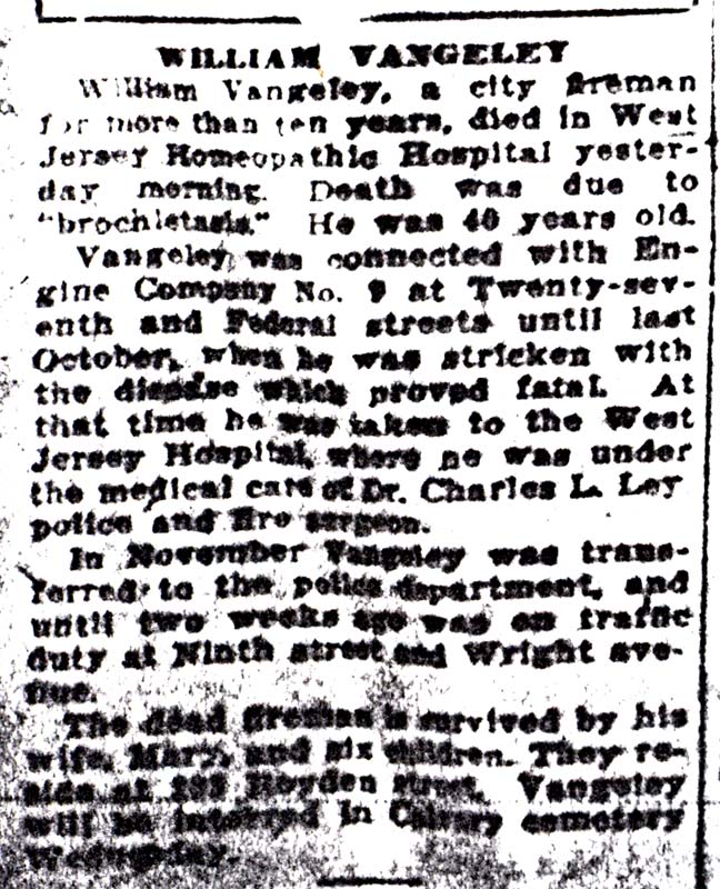 Obituary for William Vangeley, Camden Courier-Post, February 1927