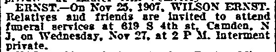 Philadelphia Inquirer, November 26, 1907 — Ernst death notice