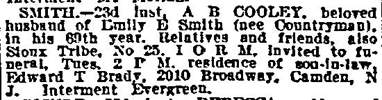A.B. Cooley Smith death notice, Philadelphia Inquirer, January 25, 1914
