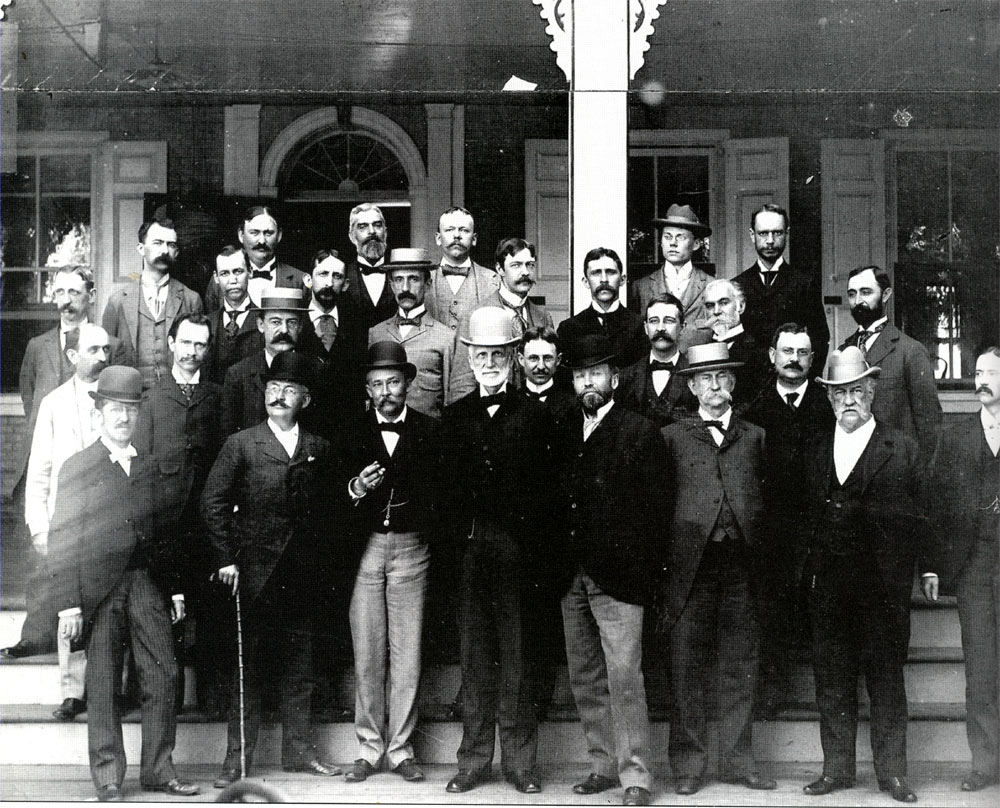 Members of the Camden County Bar Association pose for a photograph during their annual shad dinner, around 1894