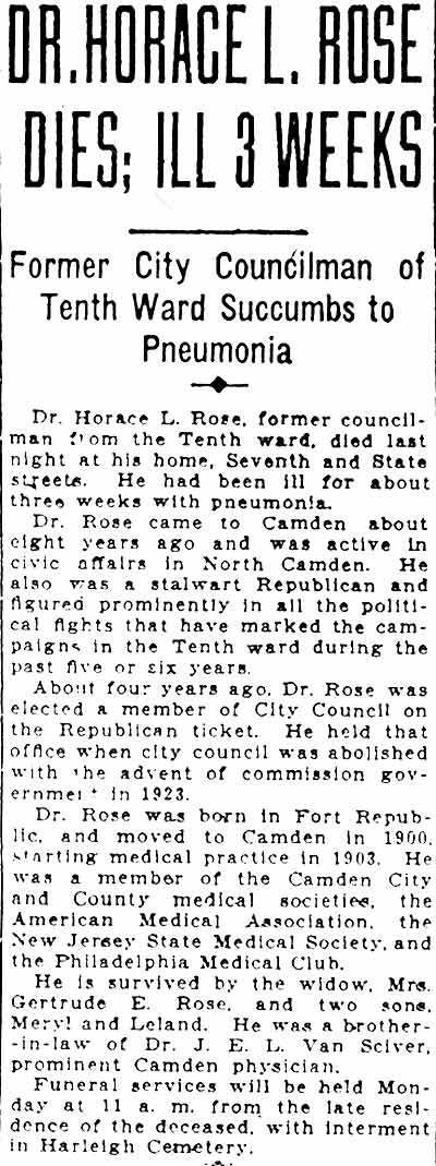 Camden Courier obituary for Dr. Horace L. Rose, May 22, 1925
