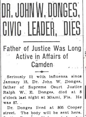 Camden Courier-Post, February 6, 1931, obituary for Dr. John W. Donges