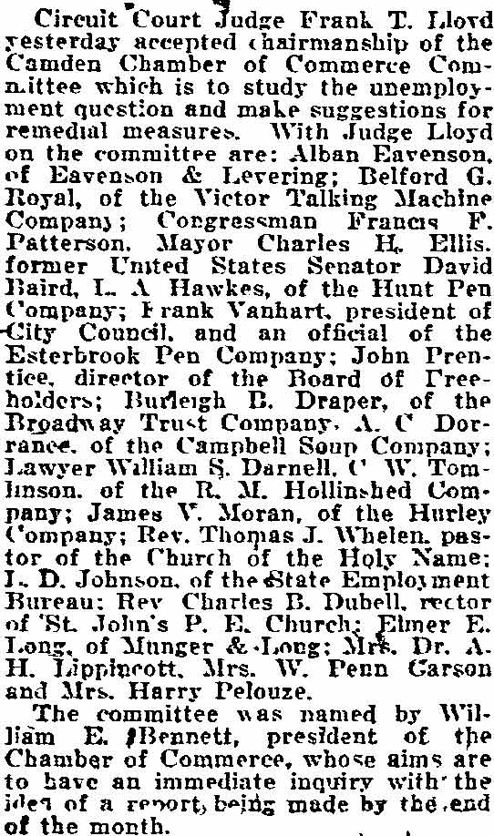 Philadelphia Inquirer article about Camden Chamber of Commerce unemployment committee, October 7, 1921