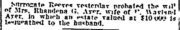 Will of Rhandena G. Ayer, Philadelphia Inquirer, October 16, 1914