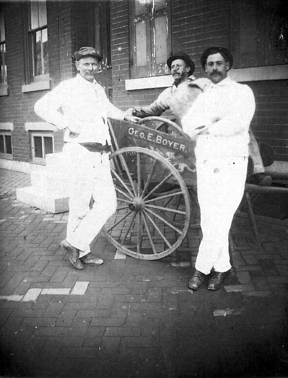George E. Boyer and two workers, late 1890s to early 1900s. George E. Boyer at left.