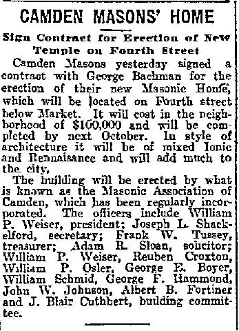 Philadelphia Inquirer, March 3, 1912 — Camden Masons sign contract with George Bachmann
