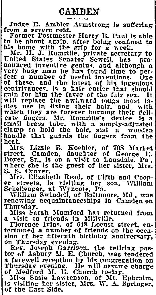 Philadelphia Inquirer March 25 1900 Camden column, page 1