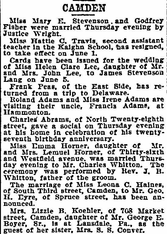 Philadelphia Inquirer May 27 1900 Camden column