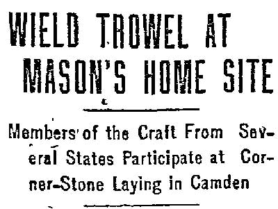 Philadelphia Inquirer June 23 1912 article about corner stone laying of Camden Masonic Temple, page 1