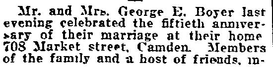 Philadelphia Inquirer October 7 1921 notice of Boyer 50th wedding anniversary, part 1