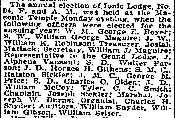 Philadelphia Inquirer December 22 1895 clipping reporting the annual election of Ionic Lodge No. 94 F. and A.M.