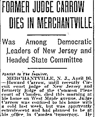 Philadelphia Inquirer April 17, 1922 — Howard Carrow obituary, page 1