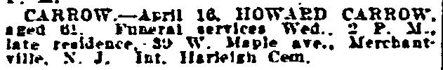 Philadelphia Inquirer April 17, 1922 — Howard Carrow obituary notice