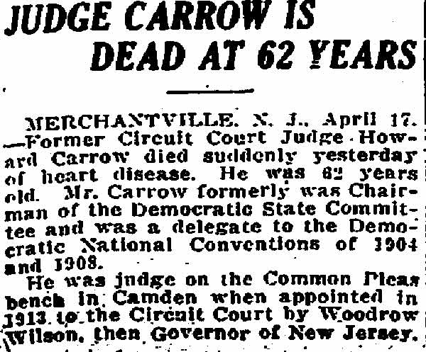 Trenton Times April 17, 1922 — Howard Carrow obituary