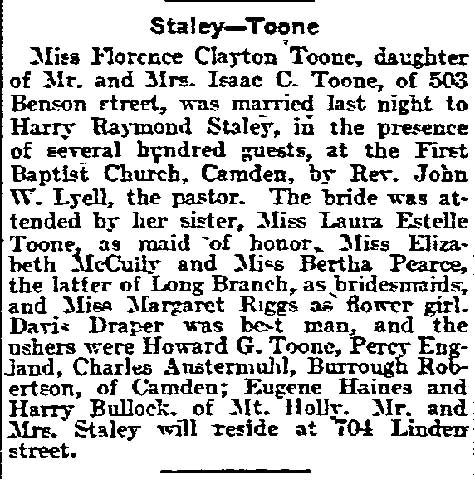 Philadelphia Inquirer, April 25, 1905 — Staley-Toone wedding announcement