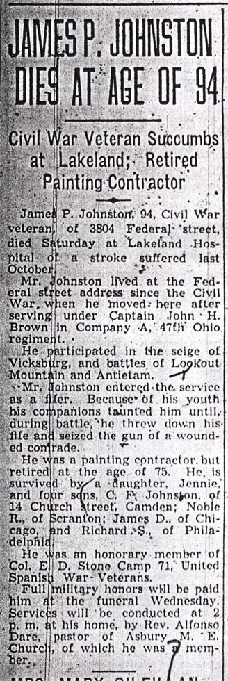 Obituary of James P. Johnston, Camden Courier-Post, May 21, 1938